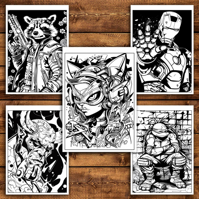 Carte de colorat pentru relaxare si antistres, 40 de ilustratii, Supereroi in stil graffiti - Volumul II, 86 pagini [4]