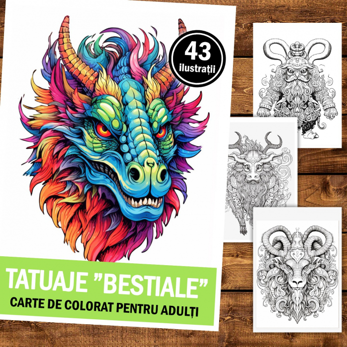 Carte de colorat pentru relaxare si antistres, 43 de ilustratii, Tatuaje Bestiale, 92 pagini [2]