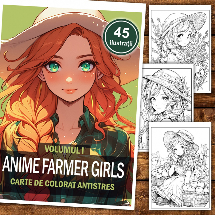 Carte de colorat pentru relaxare si antistres, 45 de ilustratii, Anime Farmer Girls, 96 pagini [5]
