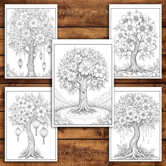 Carte de colorat pentru relaxare si antistres, 45 de ilustratii, Copaci Infloriti - Volumul II, 96 pagini [5]