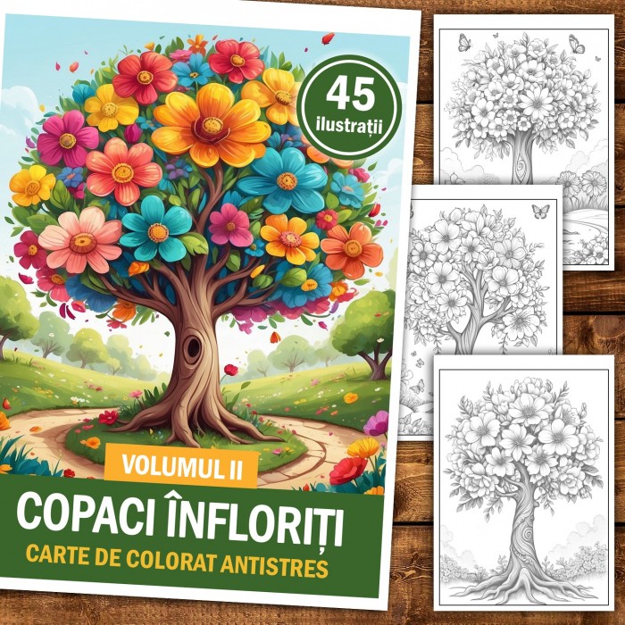 Carte de colorat pentru relaxare si antistres, 45 de ilustratii, Copaci Infloriti - Volumul II, 96 pagini [2]