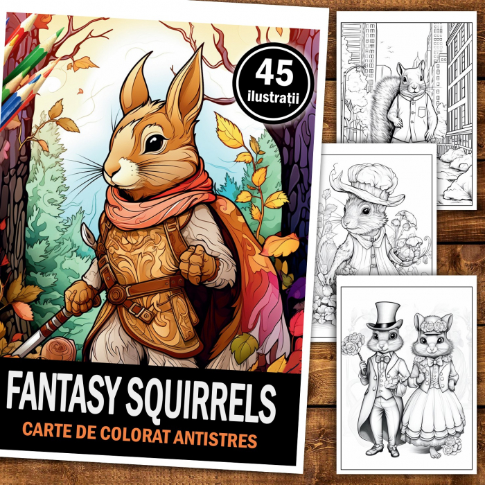 Carte de colorat pentru relaxare si antistres, 45 de ilustratii, Fantasy Squirrels 96 pagini [2]
