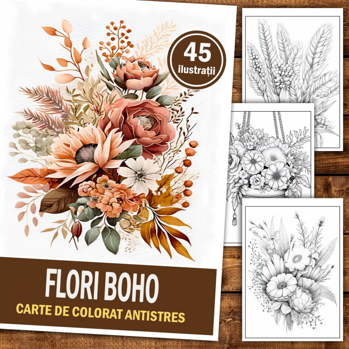 Carte de colorat pentru relaxare si antistres, 45 de ilustratii, Flori Boho, 96 pagini [2]