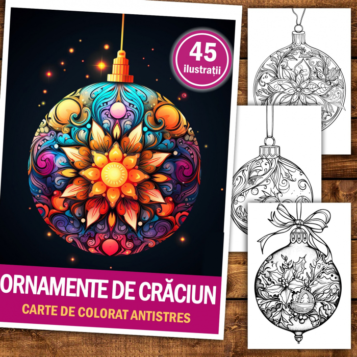 Carte de colorat pentru relaxare si antistres, 45 de ilustratii, Ornamente de Craciun, 96 pagini [2]
