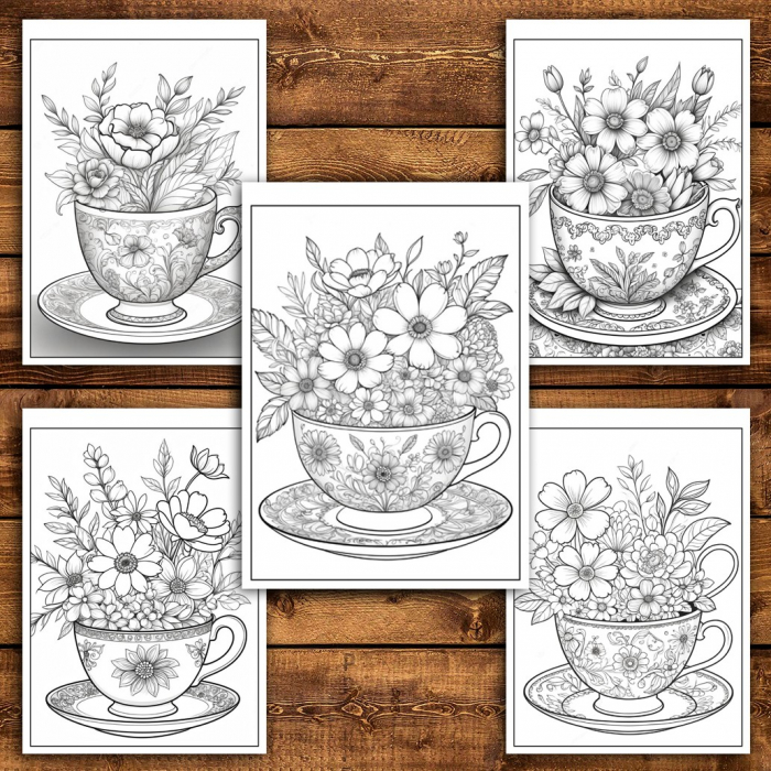Carte de colorat pentru relaxare si antistres, 45 de ilustratii, Teacup Flowers, 96 pagini [4]