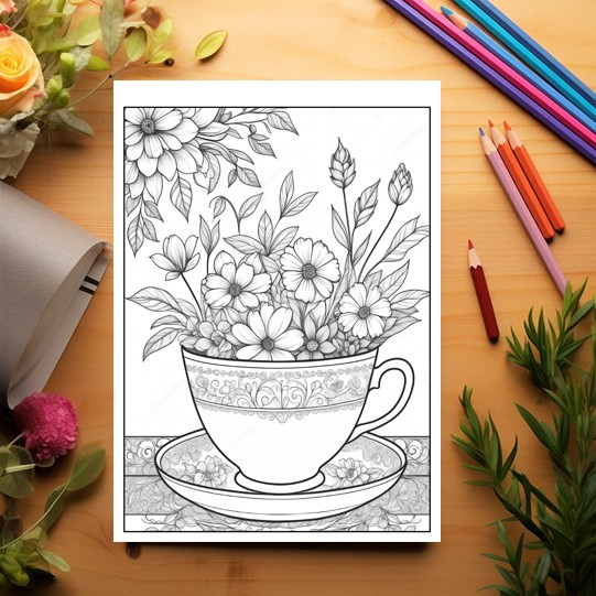 Carte de colorat pentru relaxare si antistres, 45 de ilustratii, Teacup Flowers, 96 pagini [3]