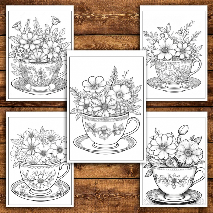 Carte de colorat pentru relaxare si antistres, 45 de ilustratii, Teacup Flowers, 96 pagini [5]