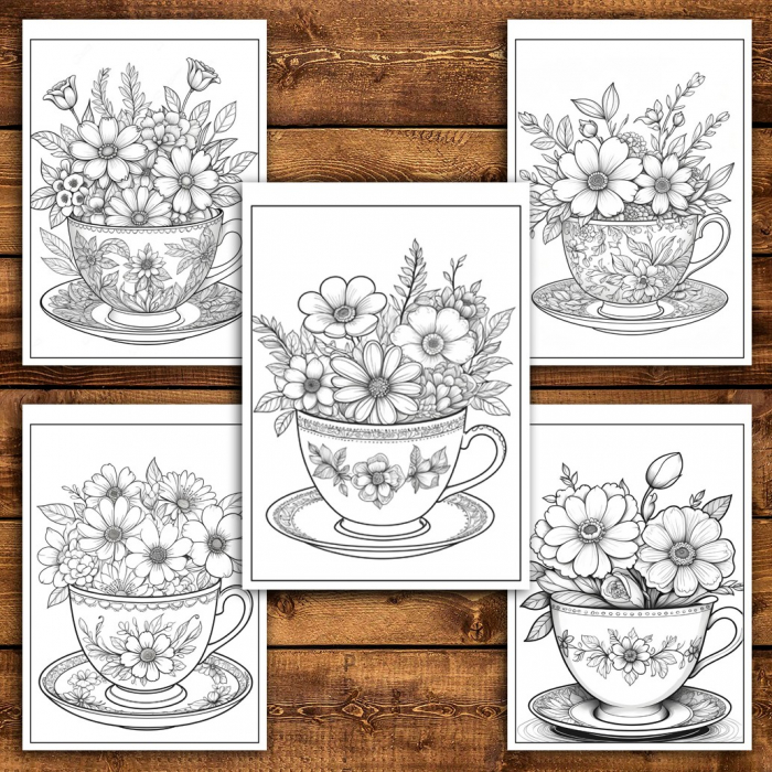 Carte de colorat pentru relaxare si antistres, 45 de ilustratii, Teacup Flowers, 96 pagini [5]