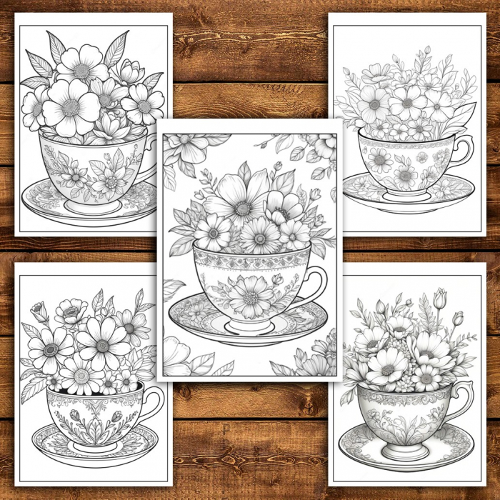 Carte de colorat pentru relaxare si antistres, 45 de ilustratii, Teacup Flowers, 96 pagini [6]