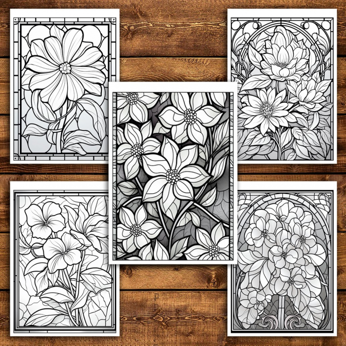 Carte de colorat pentru relaxare si antistres, 45 de ilustratii, Vitralii cu Flori, 96 pagini [5]