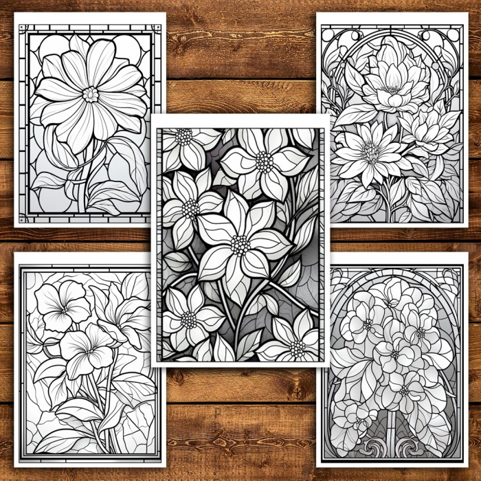 Carte de colorat pentru relaxare si antistres, 45 de ilustratii, Vitralii cu Flori, 96 pagini [5]