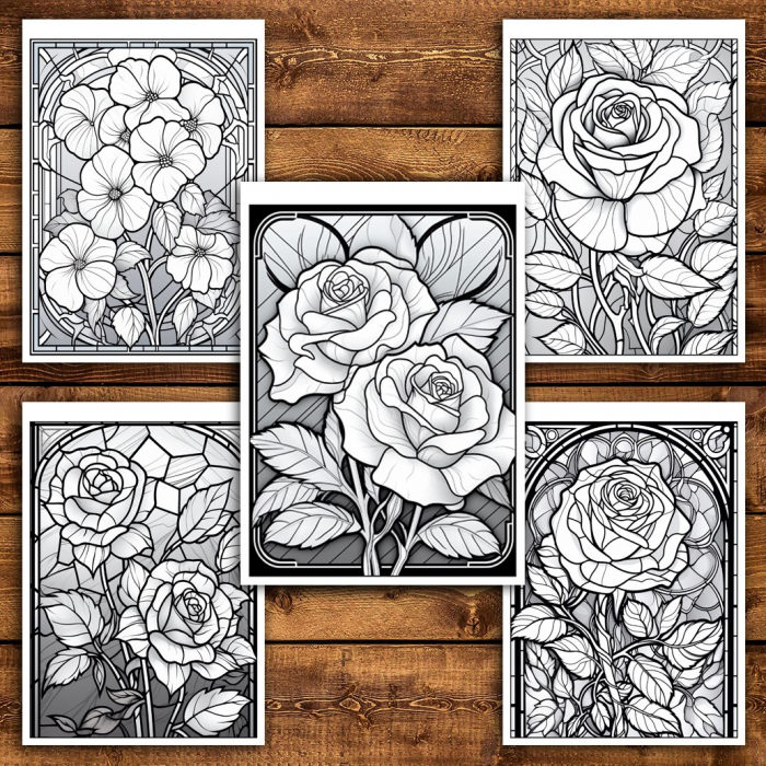 Carte de colorat pentru relaxare si antistres, 45 de ilustratii, Vitralii cu Flori, 96 pagini [6]