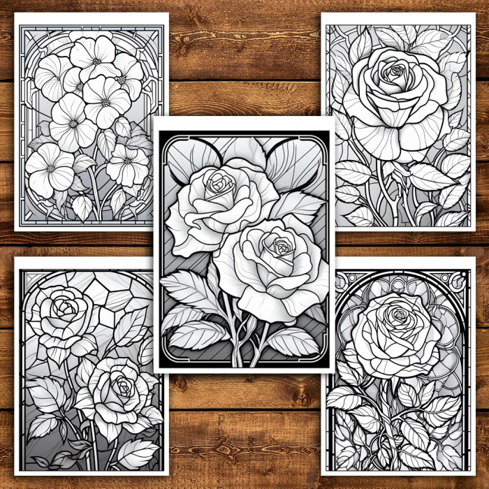 Carte de colorat pentru relaxare si antistres, 45 de ilustratii, Vitralii cu Flori, 96 pagini [6]