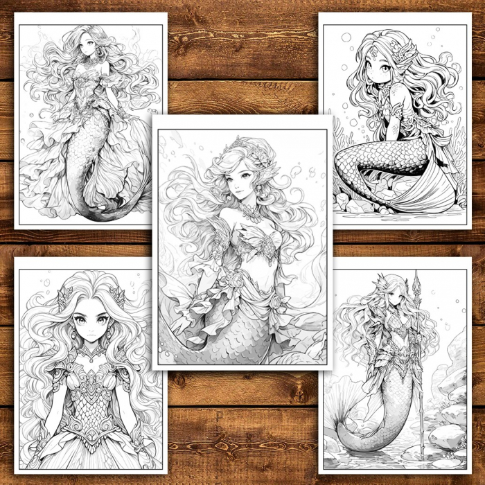 Carte de colorat pentru relaxare si antistres, 47 de ilustratii, Anime Mermaids - Volumul II, 100 pagini [4]