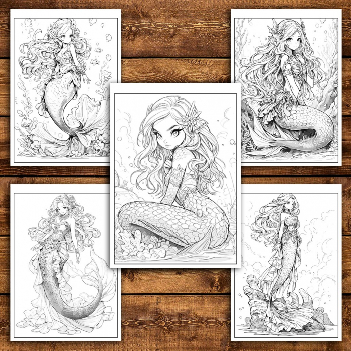 Carte de colorat pentru relaxare si antistres, 47 de ilustratii, Anime Mermaids - Volumul II, 100 pagini [5]