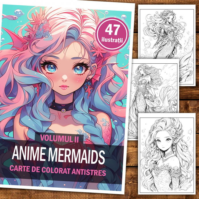 Carte de colorat pentru relaxare si antistres, 47 de ilustratii, Anime Mermaids - Volumul II, 100 pagini [2]