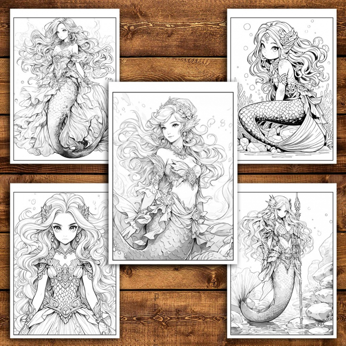 Carte de colorat pentru relaxare si antistres, 47 de ilustratii, Anime Mermaids - Volumul II, 100 pagini [4]