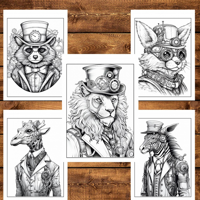 Carte de colorat pentru relaxare si antistres, 50 de ilustratii, Animale Steampunk, 106 pagini [5]