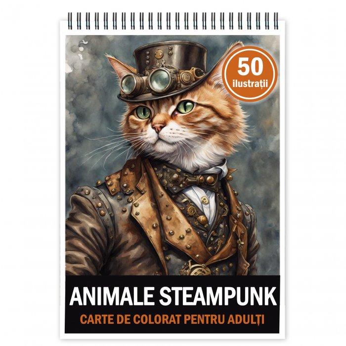 Carte de colorat pentru relaxare si antistres, 50 de ilustratii, Animale Steampunk, 106 pagini [1]