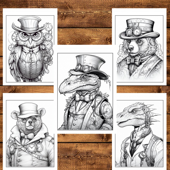 Carte de colorat pentru relaxare si antistres, 50 de ilustratii, Animale Steampunk, 106 pagini [6]