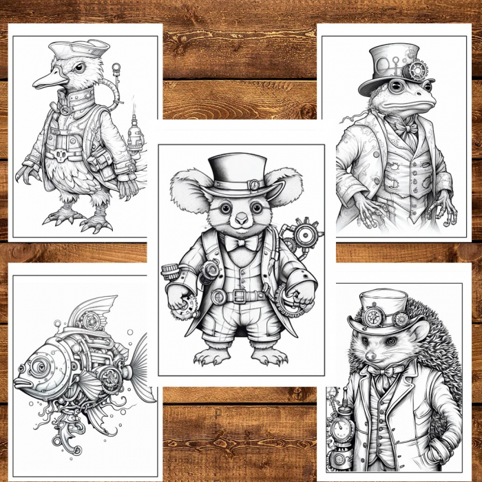 Carte de colorat pentru relaxare si antistres, 50 de ilustratii, Animale Steampunk, 106 pagini [4]