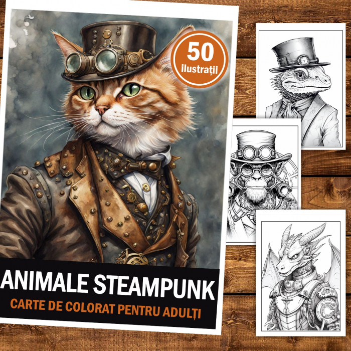 Carte de colorat pentru relaxare si antistres, 50 de ilustratii, Animale Steampunk, 106 pagini [2]