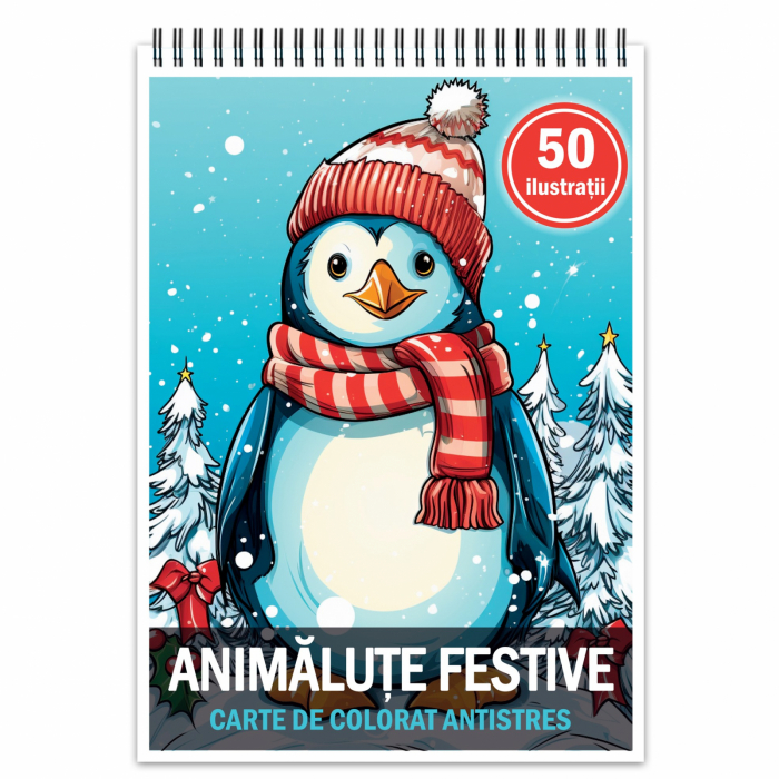 Carte de colorat pentru relaxare si antistres, 50 de ilustratii, Animalute Festive, 106 pagini [1]