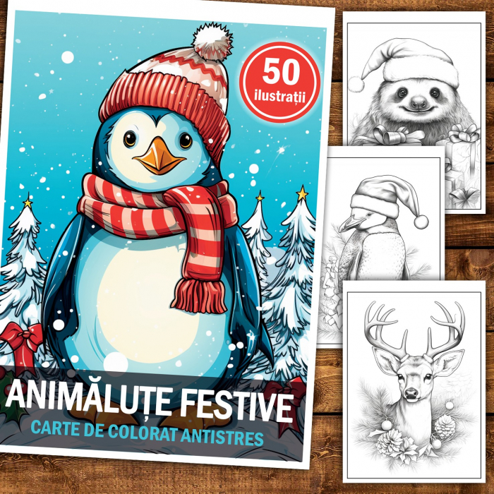 Carte de colorat pentru relaxare si antistres, 50 de ilustratii, Animalute Festive, 106 pagini [2]