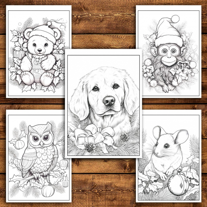 Carte de colorat pentru relaxare si antistres, 50 de ilustratii, Animalute Festive, 106 pagini [4]