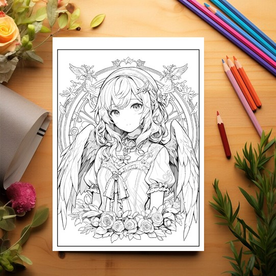 Carte de colorat pentru relaxare si antistres, 50 de ilustratii, Anime Angel Girls - Volumul II, 106 pagini [3]