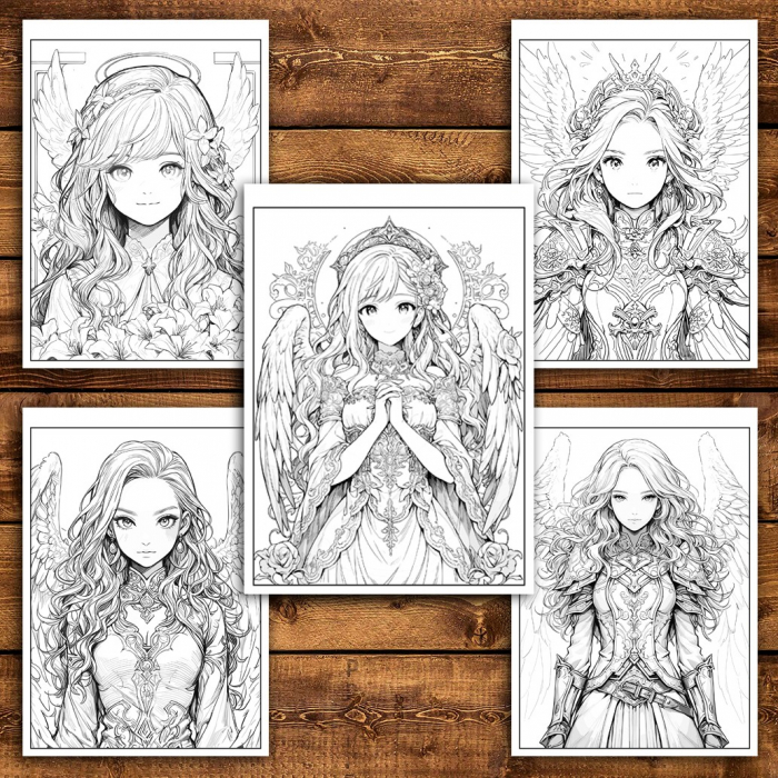 Carte de colorat pentru relaxare si antistres, 50 de ilustratii, Anime Angel Girls - Volumul II, 106 pagini [5]