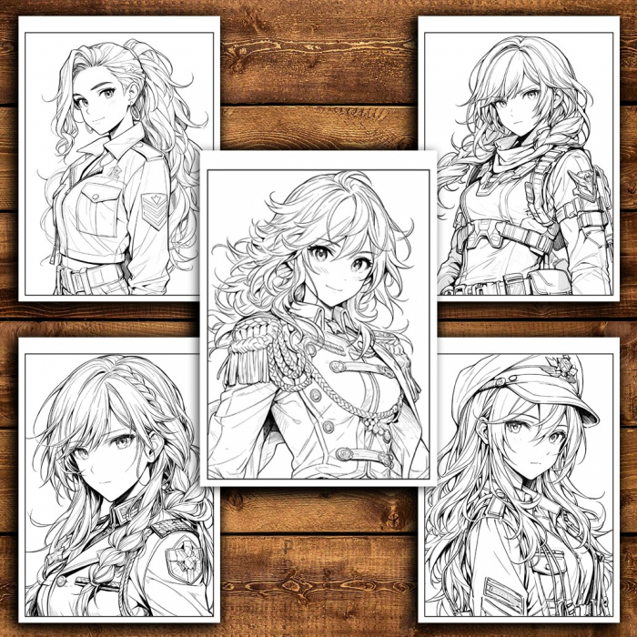 Carte de colorat pentru relaxare si antistres, 50 de ilustratii, Anime Army Girls, 106 pagini [4]