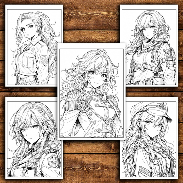 Carte de colorat pentru relaxare si antistres, 50 de ilustratii, Anime Army Girls, 106 pagini [4]