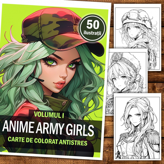 Carte de colorat pentru relaxare si antistres, 50 de ilustratii, Anime Army Girls, 106 pagini [2]