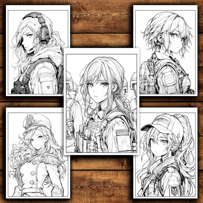 Carte de colorat pentru relaxare si antistres, 50 de ilustratii, Anime Army Girls - Volumul II, 106 pagini [4]