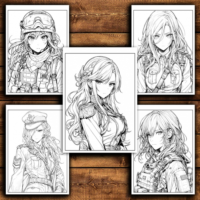 Carte de colorat pentru relaxare si antistres, 50 de ilustratii, Anime Army Girls - Volumul II, 106 pagini [5]