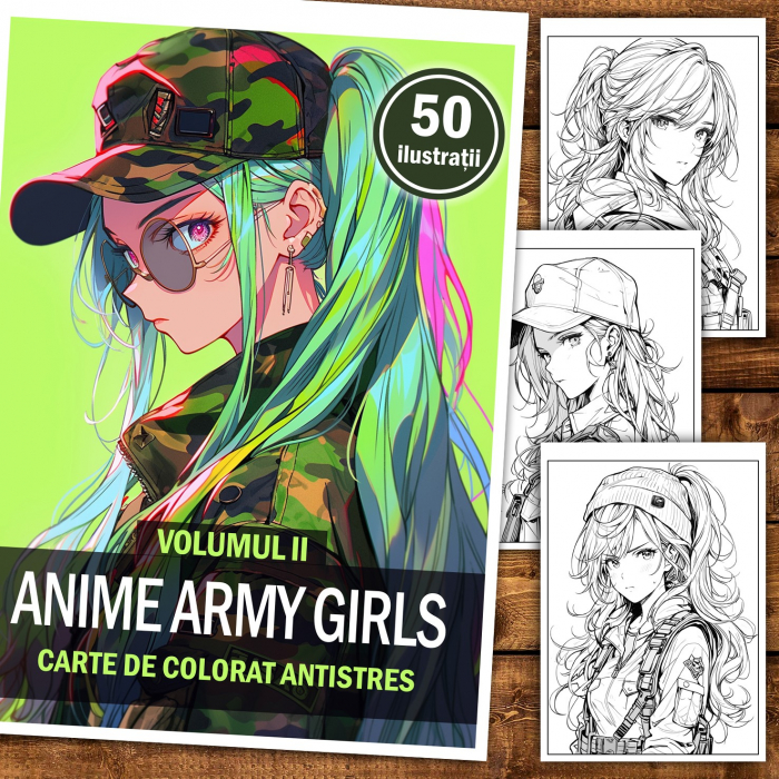 Carte de colorat pentru relaxare si antistres, 50 de ilustratii, Anime Army Girls - Volumul II, 106 pagini [2]