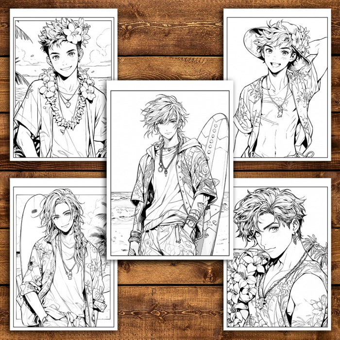Carte de colorat pentru relaxare si antistres, 50 de ilustratii, Anime Beach Boys, 106 pagini [5]