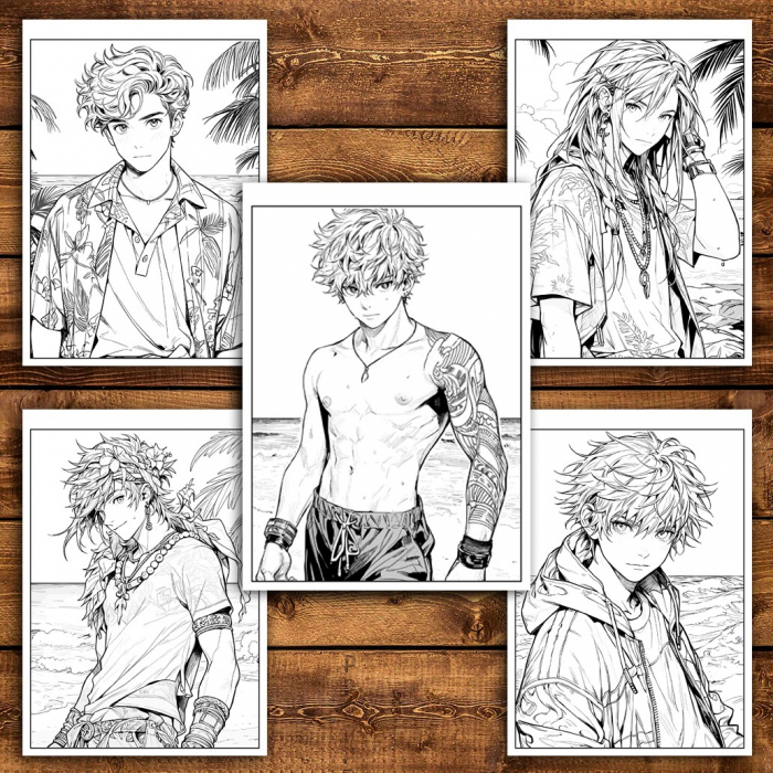 Carte de colorat pentru relaxare si antistres, 50 de ilustratii, Anime Beach Boys, 106 pagini [4]