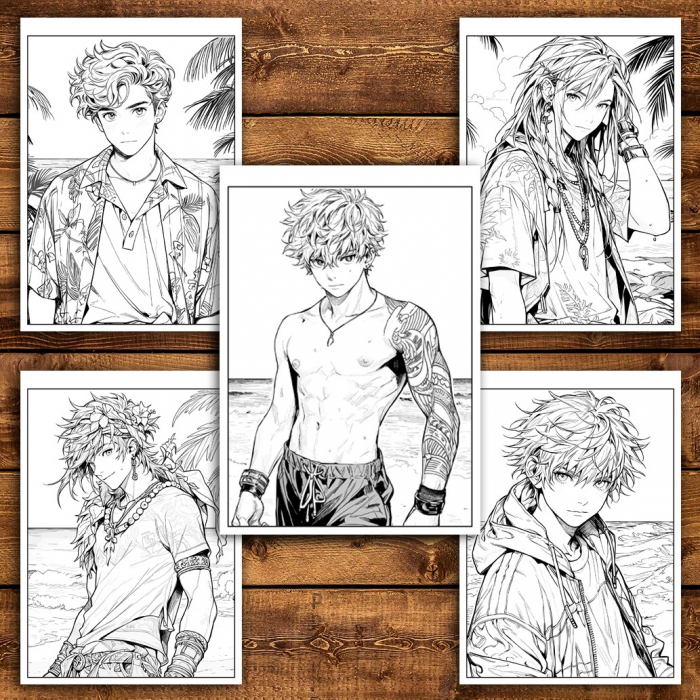 Carte de colorat pentru relaxare si antistres, 50 de ilustratii, Anime Beach Boys, 106 pagini [4]