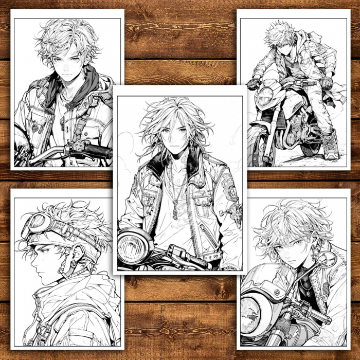 Carte de colorat pentru relaxare si antistres, 50 de ilustratii, Anime Biker Boys, 106 pagini [5]