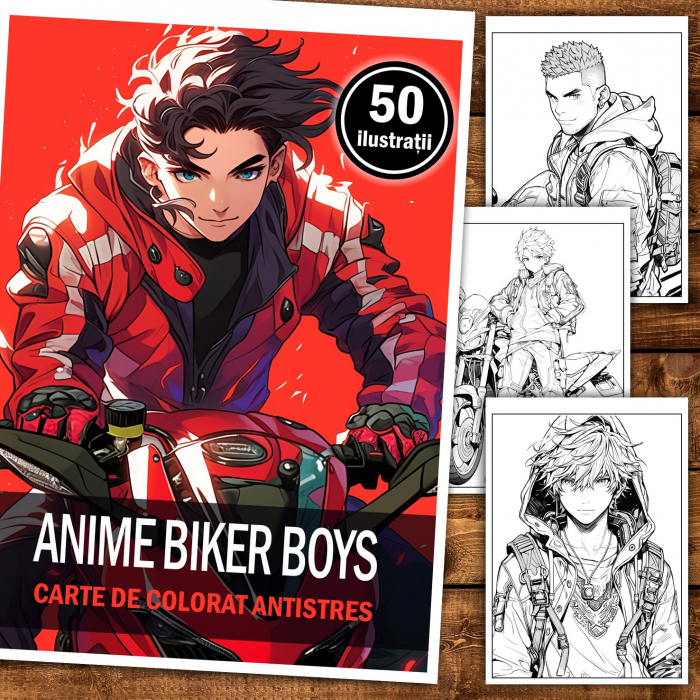 Carte de colorat pentru relaxare si antistres, 50 de ilustratii, Anime Biker Boys, 106 pagini [2]