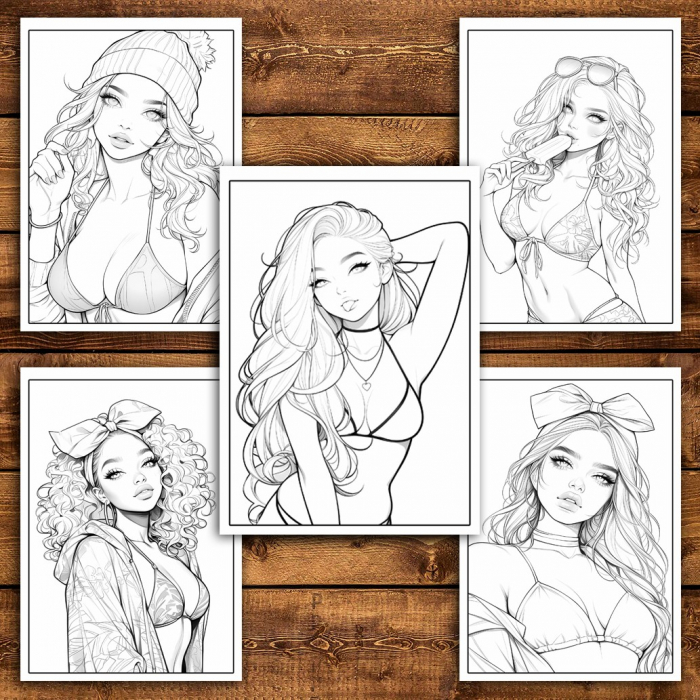 Carte de colorat pentru relaxare si antistres, 50 de ilustratii, Anime Bikini Girls, 106 pagini [6]