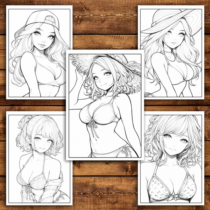 Carte de colorat pentru relaxare si antistres, 50 de ilustratii, Anime Bikini Girls, 106 pagini [4]