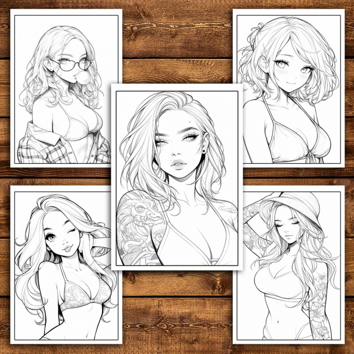 Carte de colorat pentru relaxare si antistres, 50 de ilustratii, Anime Bikini Girls, 106 pagini [5]
