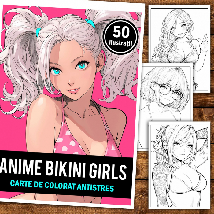 Carte de colorat pentru relaxare si antistres, 50 de ilustratii, Anime Bikini Girls, 106 pagini [2]