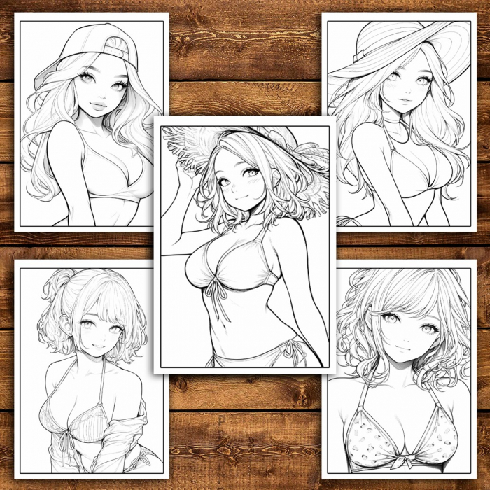 Carte de colorat pentru relaxare si antistres, 50 de ilustratii, Anime Bikini Girls, 106 pagini [4]