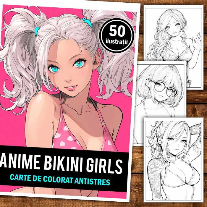 Carte de colorat pentru relaxare si antistres, 50 de ilustratii, Anime Bikini Girls, 106 pagini [2]