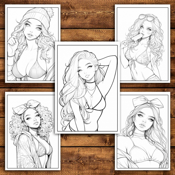 Carte de colorat pentru relaxare si antistres, 50 de ilustratii, Anime Bikini Girls, 106 pagini [6]