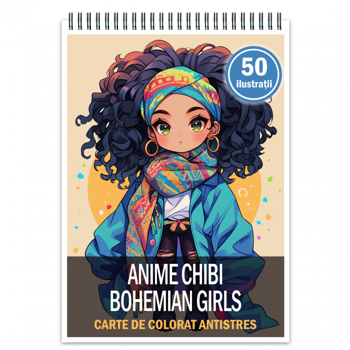Carte de colorat pentru relaxare si antistres, 50 de ilustratii, Anime Chibi Boemian Girls, 106 pagini [1]